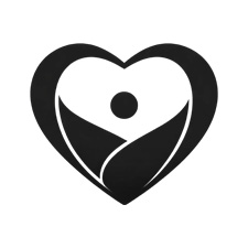 The image displays a black and white logo consisting of a stylized heart shape with a human figure within it, which appears to be a simplified representation of a person with their arms crossed over their chest, set against a circular backdrop that resembles a sunburst or a halo.