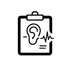 The image shows a stylized icon with a hearing aid symbol inside a clipboard, accompanied by a sound wave graphic, suggesting a theme related to audiology or hearing health services.