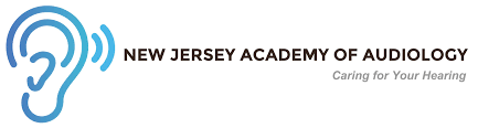 The image shows a logo with a graphic of an ear and a speech bubble, accompanied by text that includes New Jersey Academy of Audiology and a tagline.