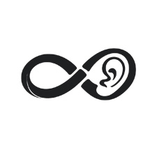 The image displays a logo consisting of a black infinity symbol with a stylized ear inside it, placed against a white background.