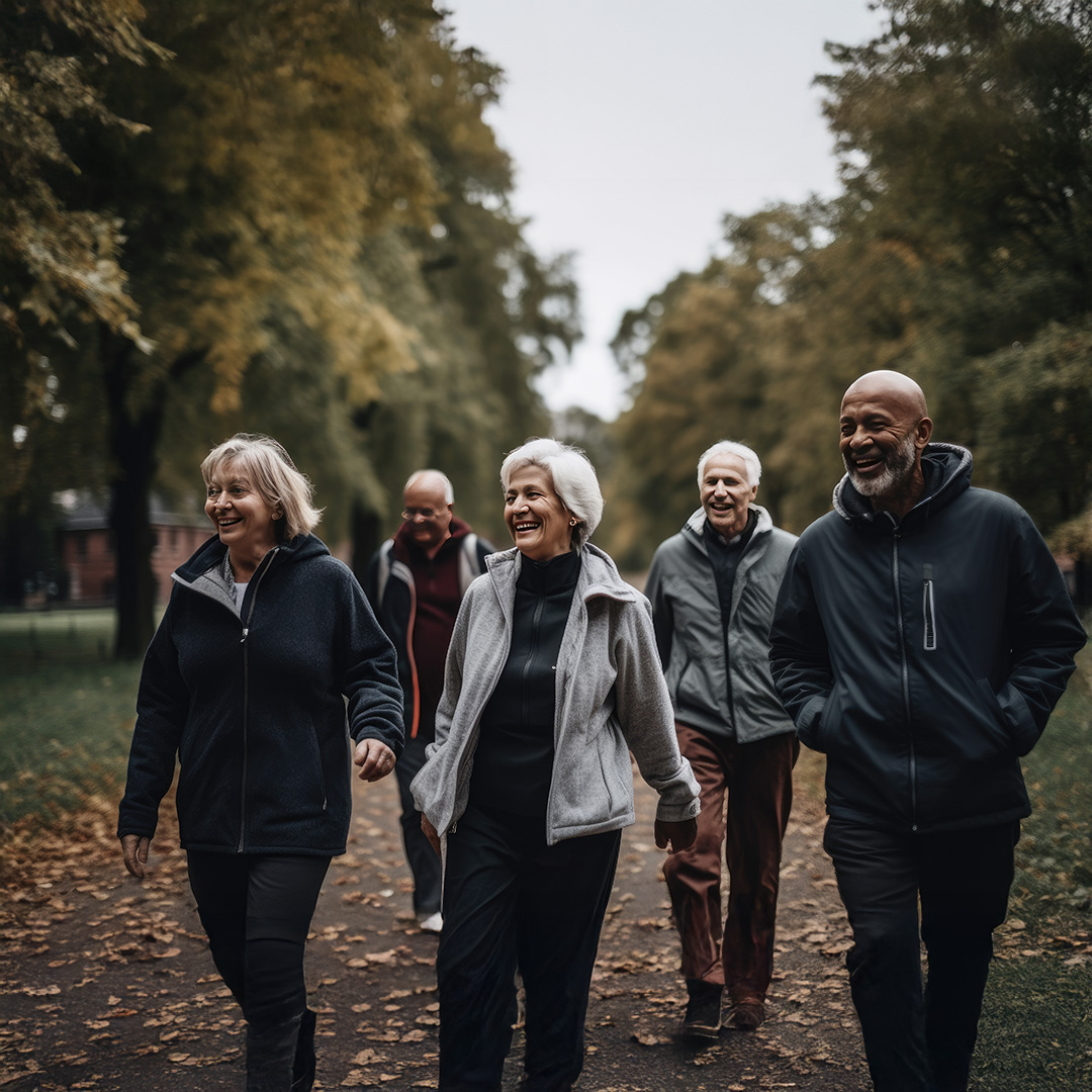 The image shows a group of five people walking together on a path with trees in the background. They are dressed casually, suggesting an outdoor, leisurely activity such as a walk in a park.